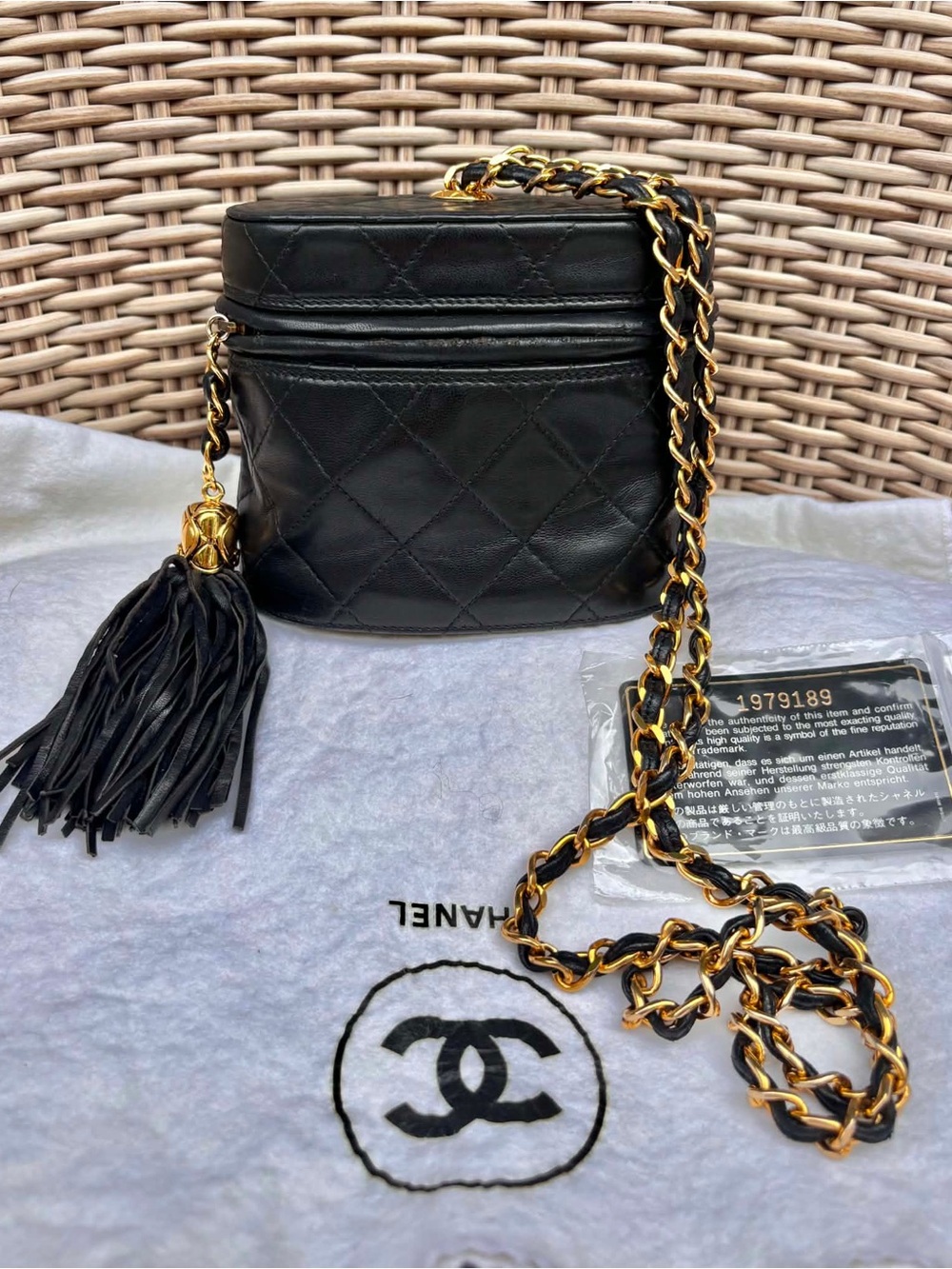 Authentic CHANEL vintage first edition mini vanity tassel lambskin leather bag